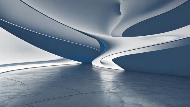 3D rendering of an abstract curved structural design featuring a bare concrete floor.