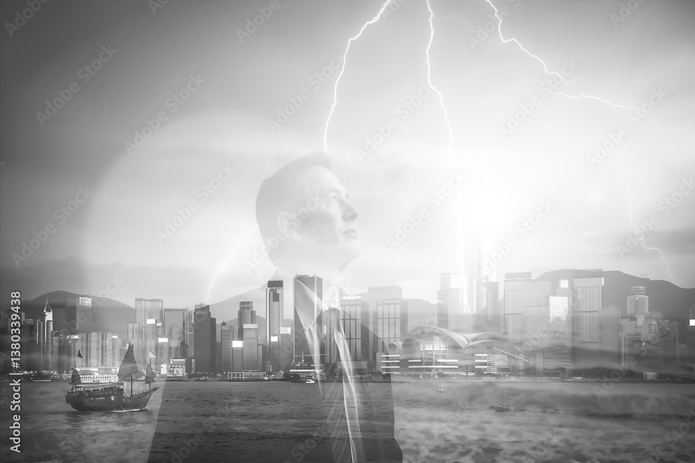 Poster a double exposure image of a person looking up against a hong kong cityscape and a bright lightning 