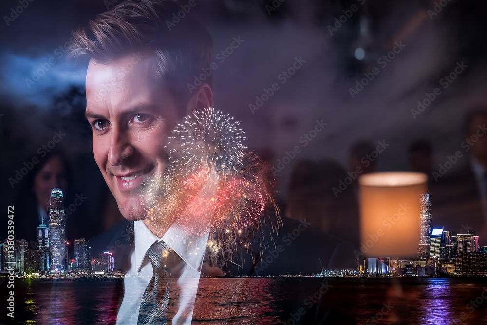 Aufkleber A smiling man in a suit is shown in a double exposure image with fireworks and the cityscape of Hong Kong at night, creating a festive and celebratory atmosphere.