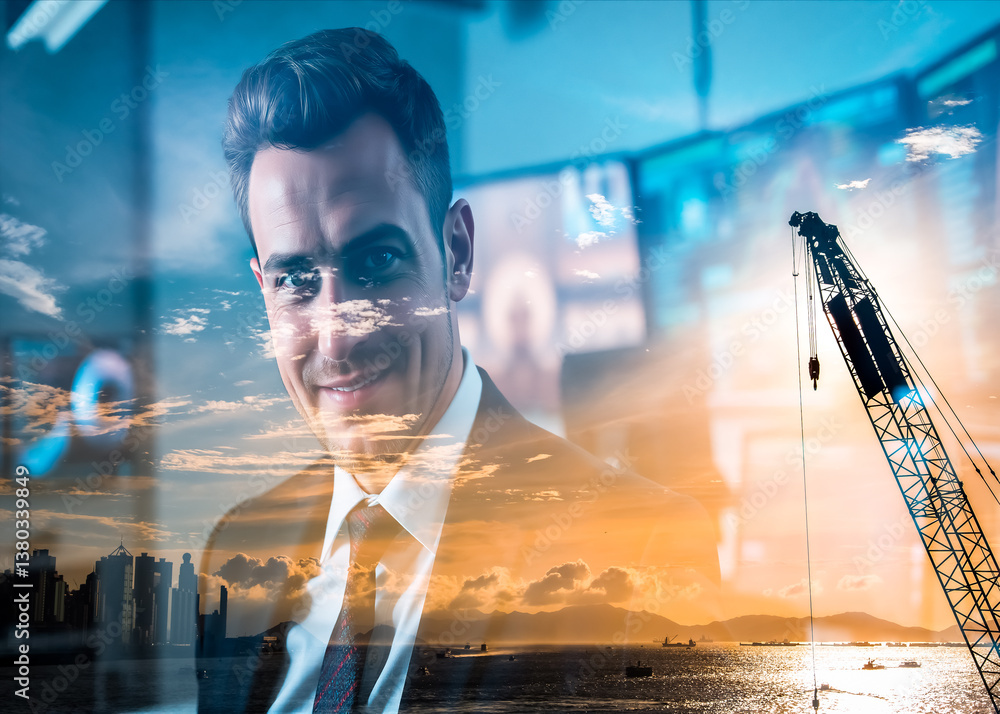 Poster a double exposure image blends a smiling businessman portrait with a hong kong cityscape, harbor at 