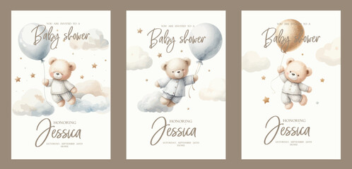 Set of Watercolor New born baby shower invitation. Greeting card with teddy bear, Balloon, clouds and stars.