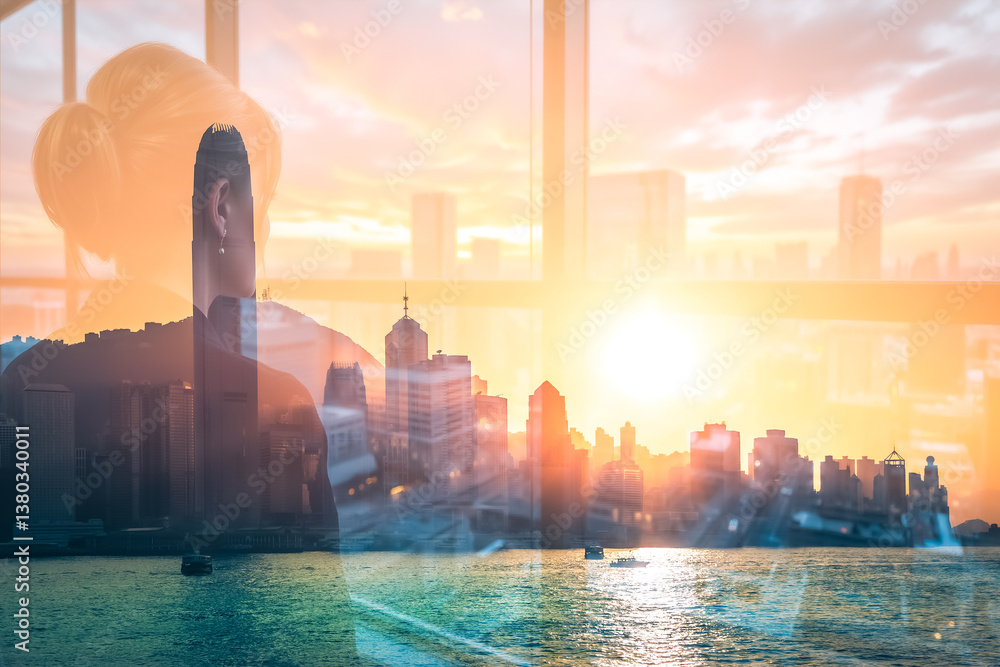 Aufkleber Hong Kong skyline view with double exposure creates an artistic and layered effect, blending a person's silhouette with the vibrant cityscape and sunset over the water.