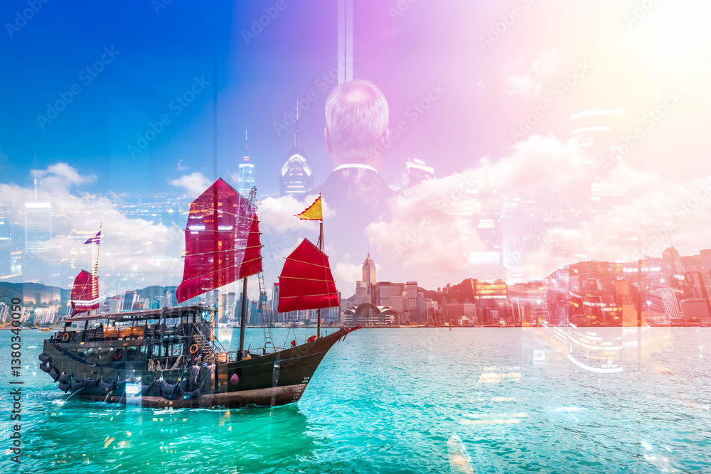 Aufkleber Double exposure of Hong Kong shows a junk boat with red sails sailing on turquoise waters under bright sky.