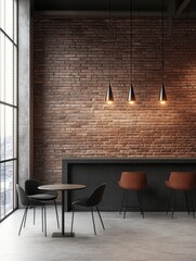 Modern industrial cafe interior featuring a minimalist design, with a round table and black chairs, illuminated by pendant lights, overlooking a cityscape through large windows