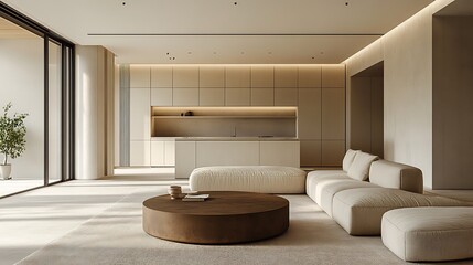 Open-plan minimalist interior, built-in kitchen cabinetry extending into wall storage in the living room, neutral tones, round coffee table, soft beige rug, and diffused overhead light.