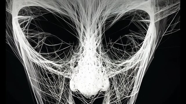 A scary face made of white threads on a black background is approaching