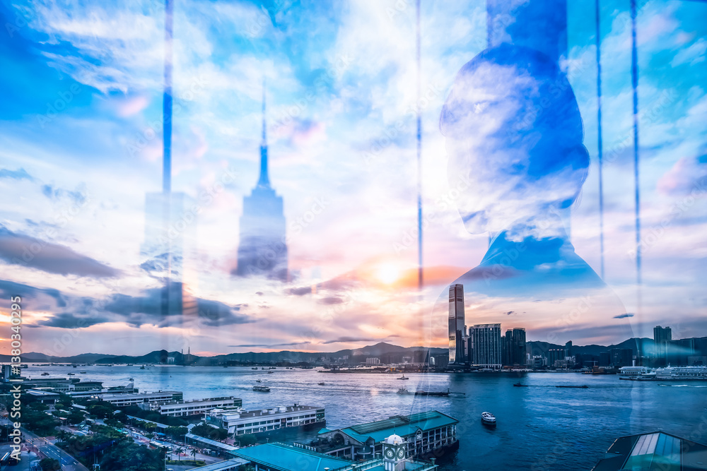 Poster hong kong skyline double exposure with silhouetted person. cityscape view blends with a cloudy sky a