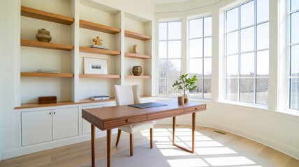 Bright home office with custom built-ins, wood desk, and a large window filling the space with natural light, promoting a serene workspace.