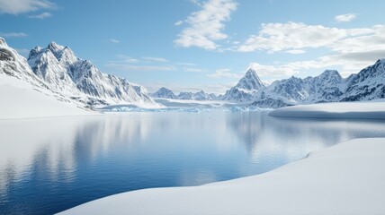 Serene panoramic view of snowy mountains reflecting on calm lake under clear blue sky.