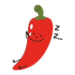 Flat style illustration of a red pepper with sleepy face, ideal for healthy eating, cooking projects, and vegetable-inspired designs.