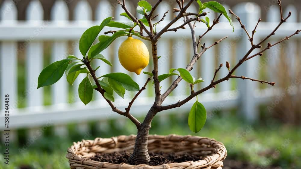 Aufkleber a small meyer lemon developing on an unhealthy tree. the tree is in a pot and outside. the limbs are