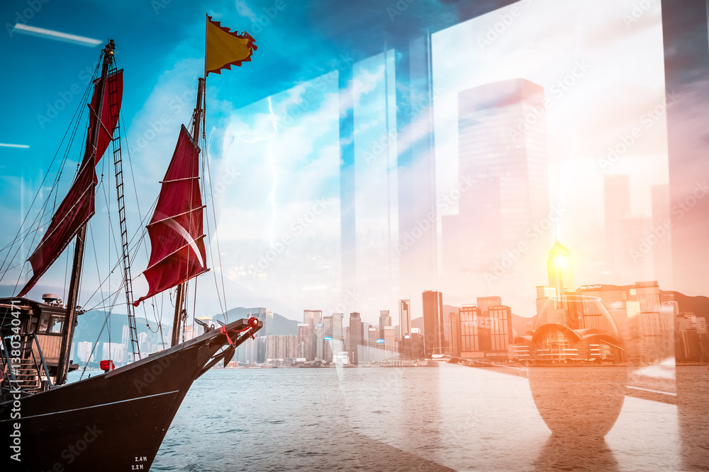 Aufkleber Hong Kong harbor view with a traditional junk boat overlaid with a modern cityscape using a double exposure technique, showing a blend of old and new.