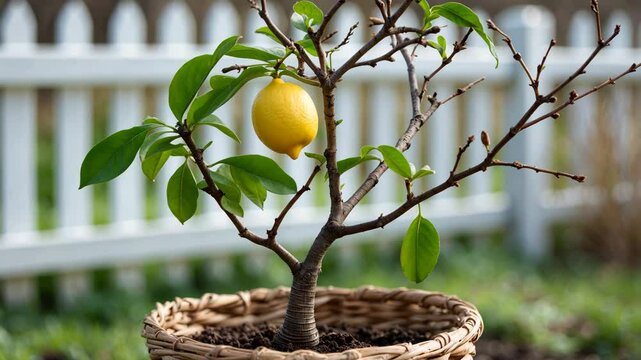 A small Meyer lemon developing on an unhealthy tree. The tree is in a pot and outside. The limbs are bare and the leaves have dropped. Despite its frail condition, a lemon is emerging from a bloom.