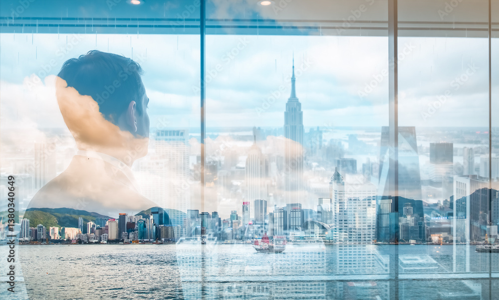 Poster A double exposure image showing a person gazing out a window. The Hong Kong skyline is subtly overlaid, blending urban and human elements in a unique composition.