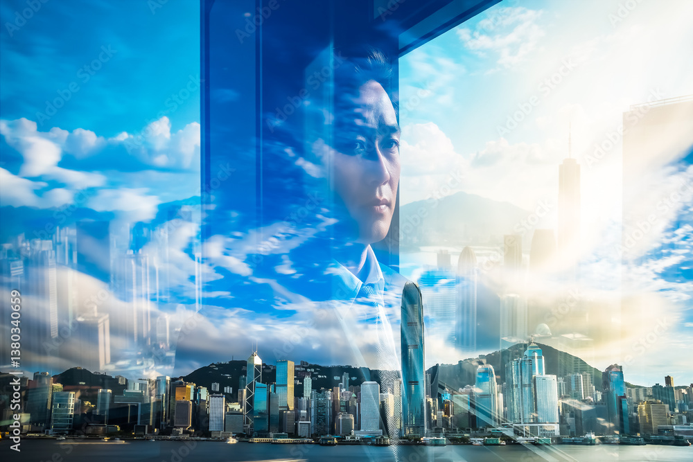 Poster double exposure of a thoughtful person overlooking the cityscape of hong kong against a bright, clou