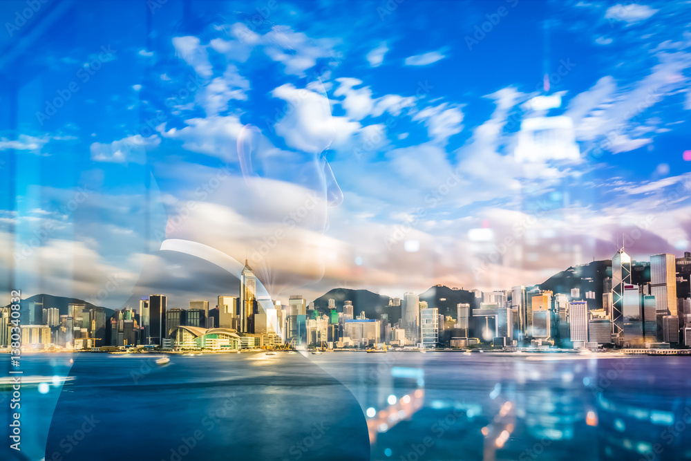 Aufkleber hong kong cityscape with a double exposure effect. the bright skyline blends with the sky and water 
