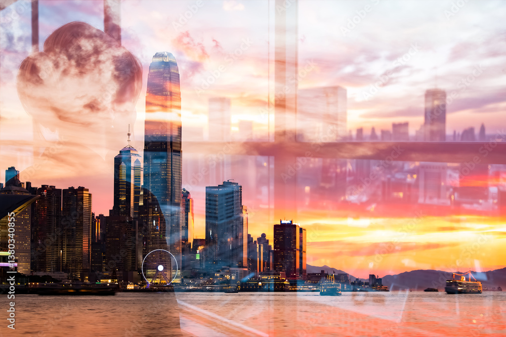 Poster hong kong skyline at sunset using double exposure technique, blending cityscapes with a warm, vibran