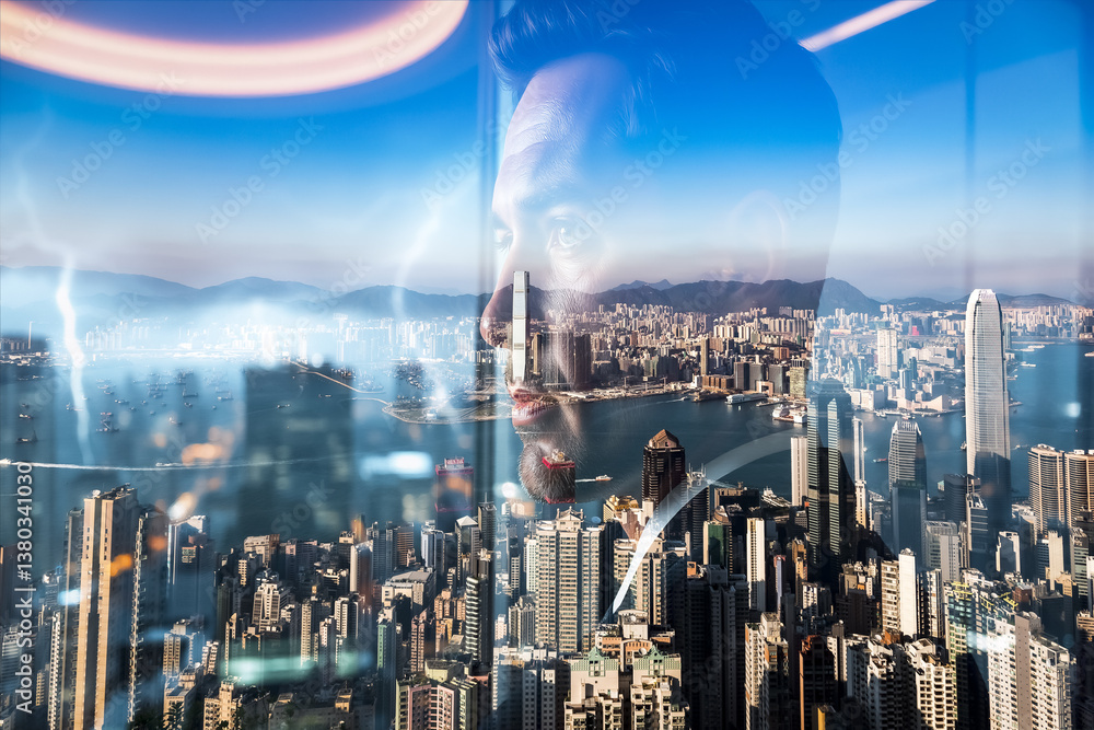 Poster hong kong cityscape with a double exposure effect showing a person's face overlaying the urban skyli