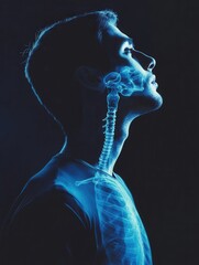 Profile of Man Looking Up with X-ray Overlay in Studio Setting with Dark Background, showing Brain, Spine, and Lungs