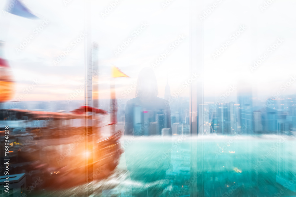 Poster double exposure image of a junk boat sailing in hong kong harbor, layered with a cityscape at dusk. 