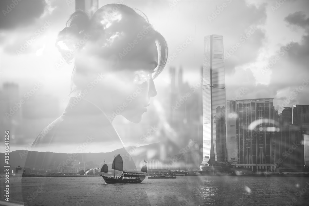 Poster a double exposure image blending a person's silhouette with a hong kong cityscape. boats sail on the