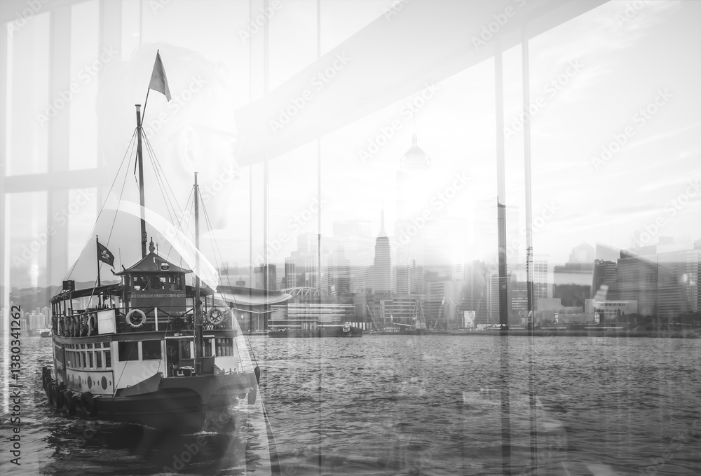 Poster double exposure captures hong kong, blending a traditional junk boat with the city's skyline. a mono