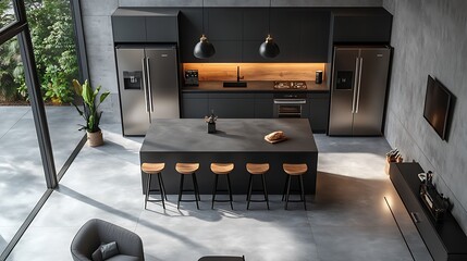 Overhead view of modern kitchen with black fixtures, brushed steel appliances, minimalist layout, textured grey flooring, and thin-framed stools for a sleek industrial look.