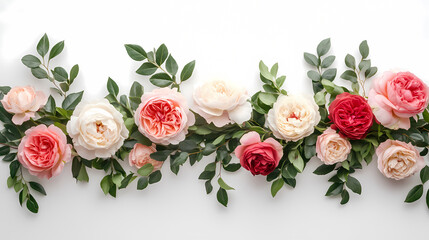 Elegant roses and peonies intertwined with subtle greenery laid out symmetrically on a white surface offering a classic and sophisticated banner aesthetic