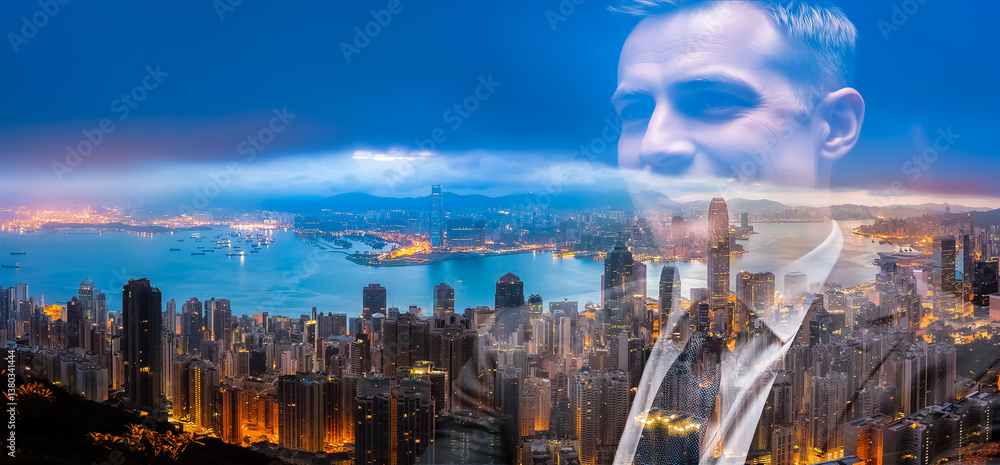 Aufkleber double exposure featuring a man's face overlaid with a nighttime cityscape of hong kong. city lights