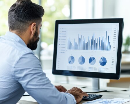 Economic growth GDP investment concept.  Businessman Analyzing Data on Computer Screen in Modern Office