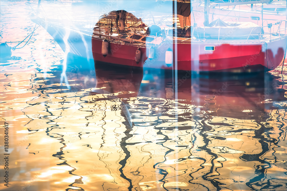 Poster Hong Kong harbor with boats is creatively layered with a cityscape using double exposure. Water reflections create an artistic and dreamy scene.