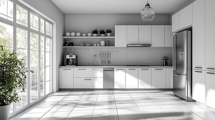 Fototapeta premium Polished kitchen nook in grayscale theme, flush-mounted stainless steel appliances, clean white shelving, minimalist light fixtures, and neutral tiled floor.