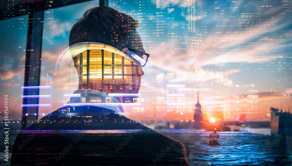 Leinwandbilder A figure contemplates the vibrant Hong Kong skyline through a window with a double exposure effect, blending city lights with abstract digital patterns.
