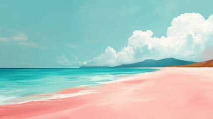 Dreamy tropical beach with pink sand, soft clouds, and bright turquoise waters