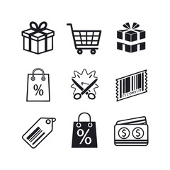 Set of icons related to shopping, e-commerce, gifts, supermarket, sale. Collection of solid icons.