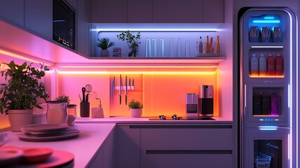 Sleek futuristic kitchen in compact studio, smart sliding storage, voice-activated mood lighting, ultra-slim appliances, and neon highlights around cabinet edges.