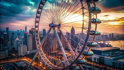 Hong Kong Central District Ferris Wheel Macro Photography: Close-up Details of Wheel Structure & Cityscape
