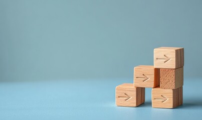 Obraz premium Growth Success Process with Wooden Blocks and Arrows on Soft Blue Background for Business Development and Career Progression