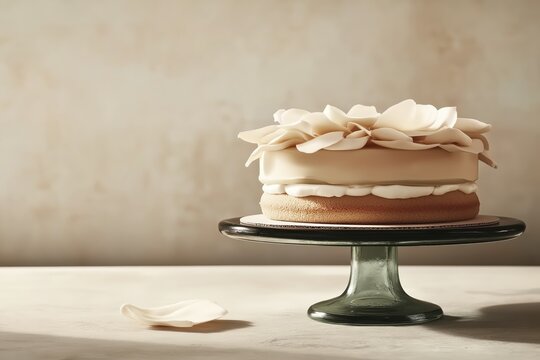 Elegant floral cake on stand with delicate petals in soft lighting