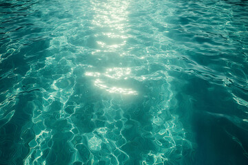 Bright sunlight reflects on surface of clear turquoise water, creating serene and tranquil underwater scene. gentle ripples enhance beauty of this aquatic environment