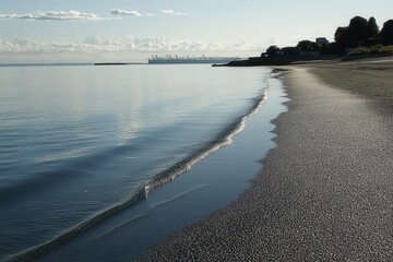 Serene coastal landscape at dawn, featuring gentle waves lapping at a sandy beach, with a distant city skyline under a clear blue sky, perfect for travel and nature themes