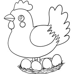 Farm theme, A chicken sitting on eggs in a nest, outlined for coloring. Outline for coloring .