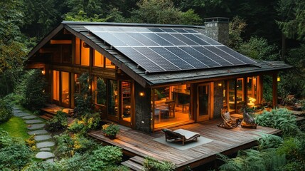 Solar panels powering homes and nature in a traditional forest village