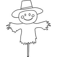 Farm theme, Smiling scarecrow with a hat and outstretched arms, set against a simple background. Outline for coloring .
