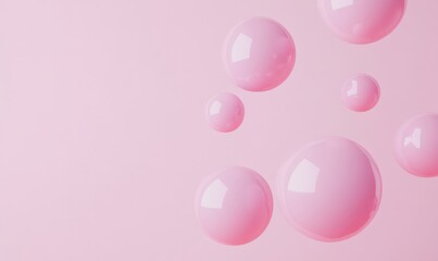 Soft pink bubbles float gracefully against a pastel pink background, creating a dreamy atmosphere perfect for beauty or skincare themes, evoking a sense of tranquility and freshness