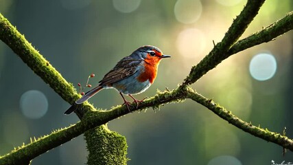 A BEAUTIFUL TRANQUIL WILD ROBIN RESTING ON A PERCH