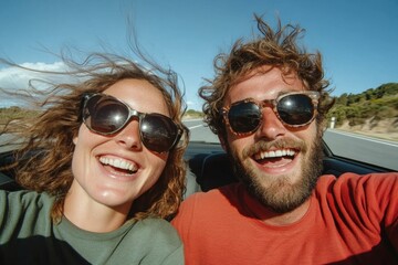 Joyful road trip moment captured with two smiling friends enjoyi