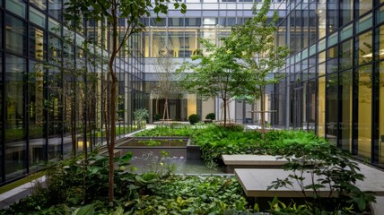Fototapeta premium An interior courtyard between buildings, with a pond, foliage, and trees that create a peaceful and inviting space.