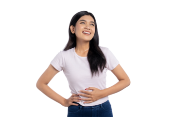 Happy young Asian woman smiling with hands on stomach and looking up, expressing joy and satisfaction, isolated on transparent background