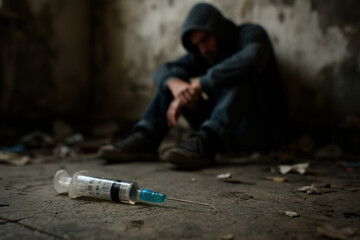 Close-up of a syringe on a table with blurred man sitting in despair behind – addiction crisis representation, substance abuse awareness, mental health campaigns.
